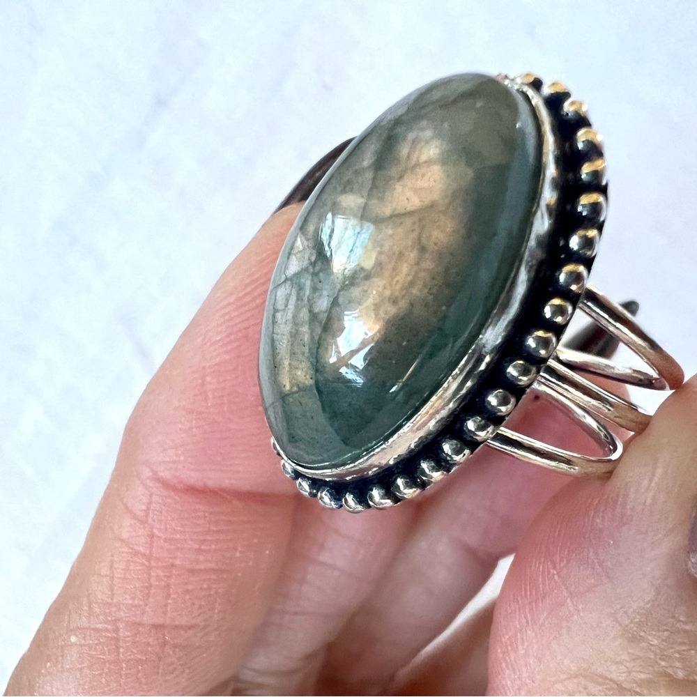 925 ROSE GOLD FLASH Labradorite Tri Band Ring 10.5 - Picture 6 of 9